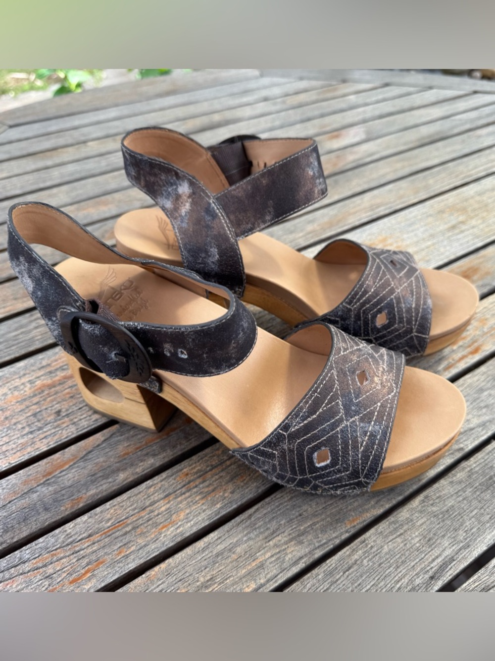 Dansko Metallic Leather Embroidered Wedge Sandals
